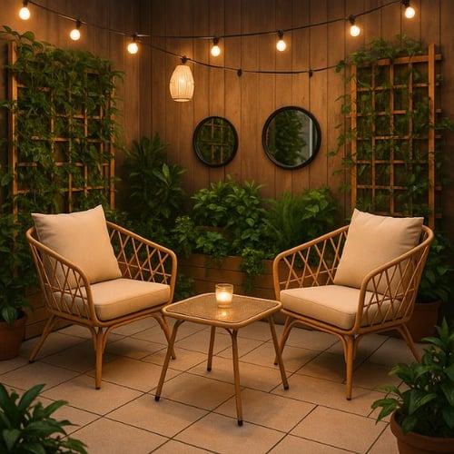 Kompakte Terrasse günstig gestalten mit Polyrattan-Lounge von di volio und Lichterkette