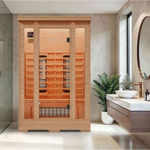 Infrarotkabine von di volio mit Holzverkleidung und Strahlern in modernem Badezimmer