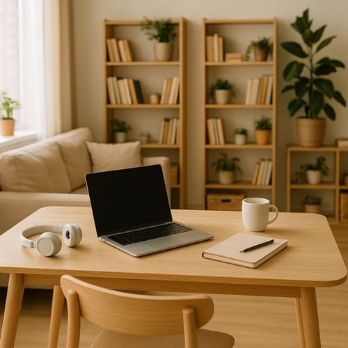 Homeoffice im Wohnzimmer mit Esstisch als Schreibtisch
