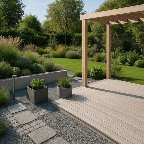 Skandinavischer Garten mit Holzterrasse und Pflanzkübeln