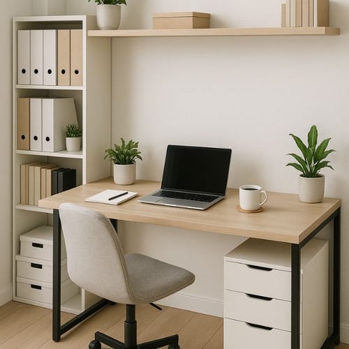 helles Heimbüro mit Regalen und Ablageflächen für Dokumente