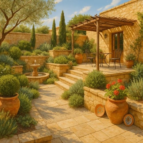 Mediterraner Garten mit Natursteinmauern, Olivenbaum, Brunnen und Sitzbereich mit Pergola