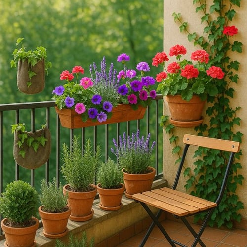 Blühender kleiner Balkon mit bunten Blumen und mediterraner Bepflanzung
