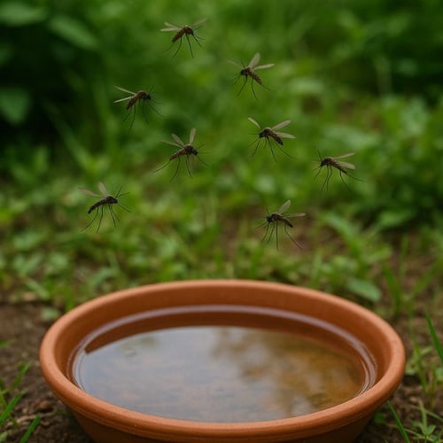 Mücken fliegen über Wasserschale im Garten, stehendes Wasser als Brutstätte