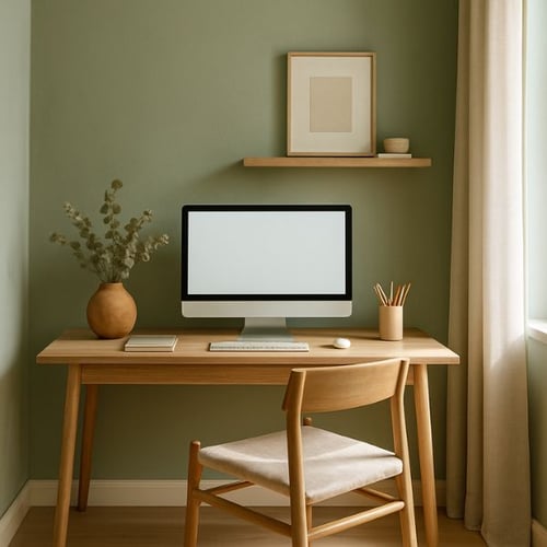 Grüne Wandfarbe im Homeoffice mit Holzschreibtisch und minimalistischer Einrichtung
