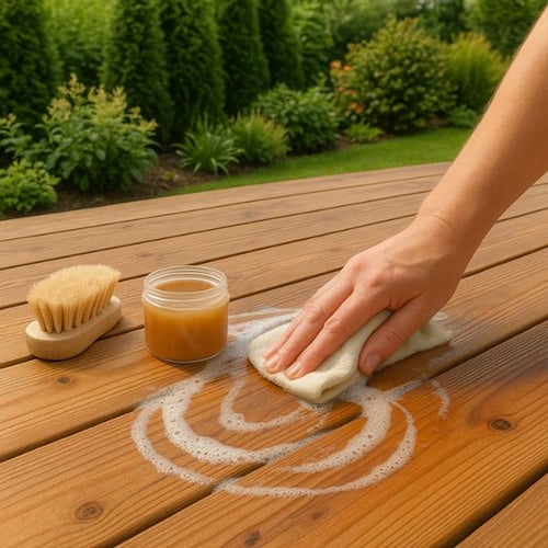 Hand reinigt Holzterrasse mit Schwamm und Naturreiniger in sonnigem Garten