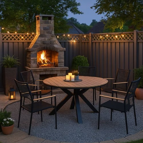 Stimmungsvoller Grillplatz mit Feuerstelle und Gartenmöbeln von di volio