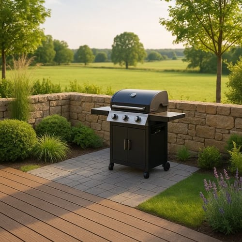 Moderner Gasgrill auf einer Terrasse mit Natursteinmauer und Blick auf weiten Garten