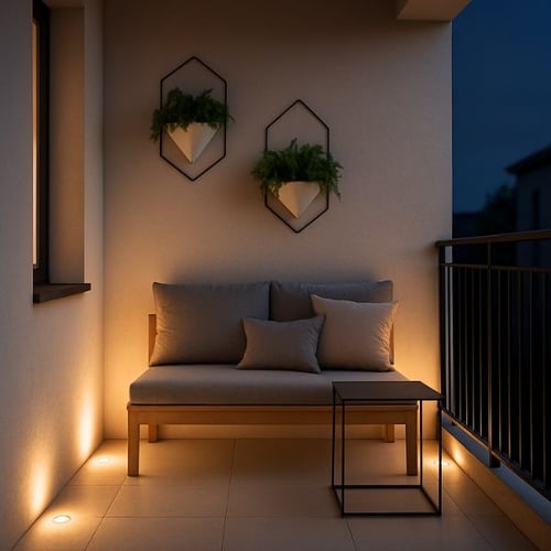 Moderner kleiner Balkon mit gemütlichem Sofa und stimmungsvoller Beleuchtung