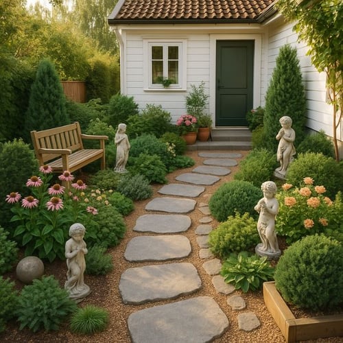 Hauseingang mit Steinweg, Gartenbank und Blumen dekorativ gestaltet