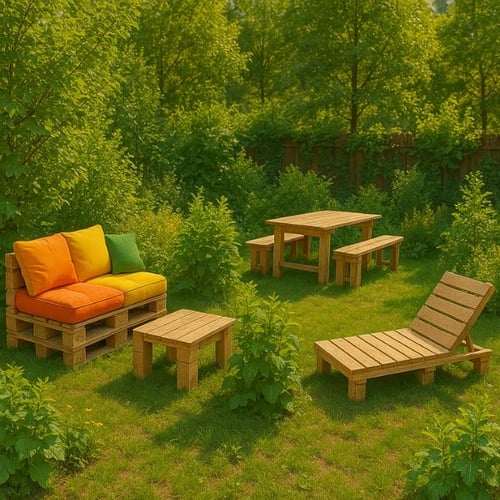 Bunte Palettenmöbel mit Tischgruppe und Sonnenliege in grünem Garten