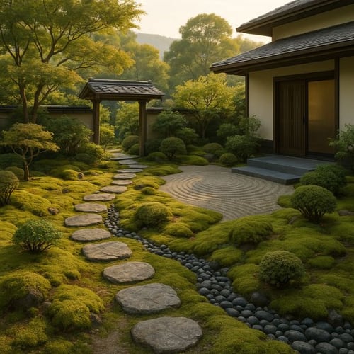 Japanischer Garten mit Steinweg, Mooslandschaft und Zen-Kieskreis bei Abendlicht
