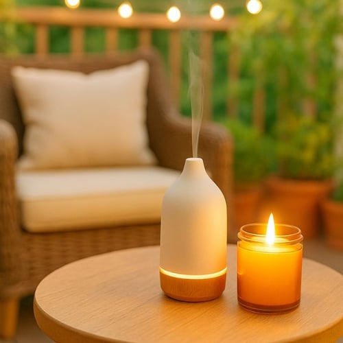 Duftdiffusor und brennende Kerze auf Gartentisch, Mückenabwehr mit Duft im Garten