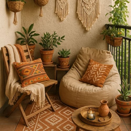 Gemütlicher Balkon mit Sitzsack, Holzmöbeln, vielen Pflanzen und Makramee – Balkon verschönern im Boho-Stil