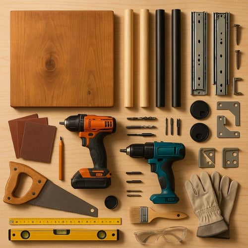 Holzplatte, Akkuschrauber, Schleifpapier, Säge und Baumaterialien zum Bau eines Schreibtisches
