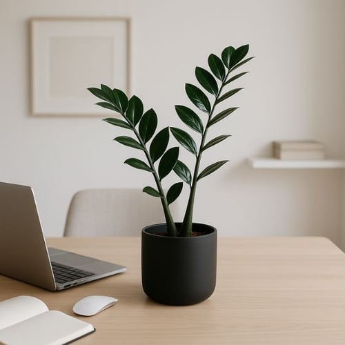 Zamioculcas Pflanze im schwarzen Topf auf Schreibtisch