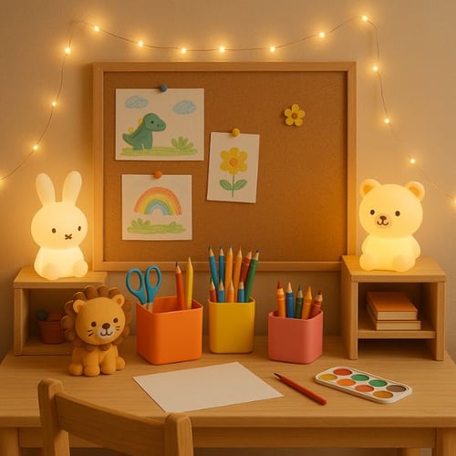 Kinder-Schreibtisch mit bunten Stiften, Tierfiguren und Lichterkette