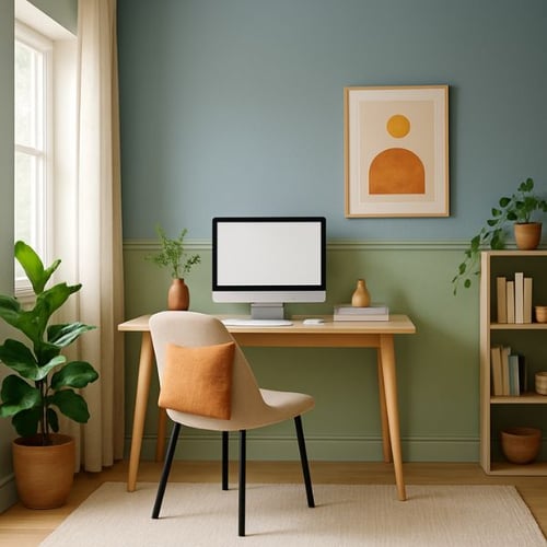Helles Homeoffice mit Holzschreibtisch, beigem Stuhl und grüner Wand