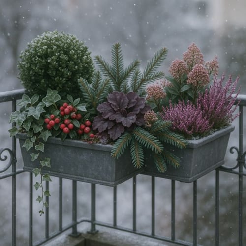 Balkon im Winter mit winterharten Pflanzen und Deko gestalten
