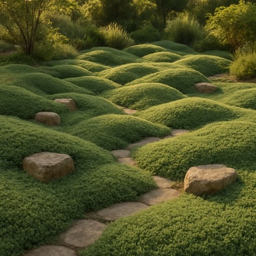 Hügelige Fläche aus dichten Bodendeckern und Natursteinen als pflegeleichte Idee für einen Garten ohne Rasen