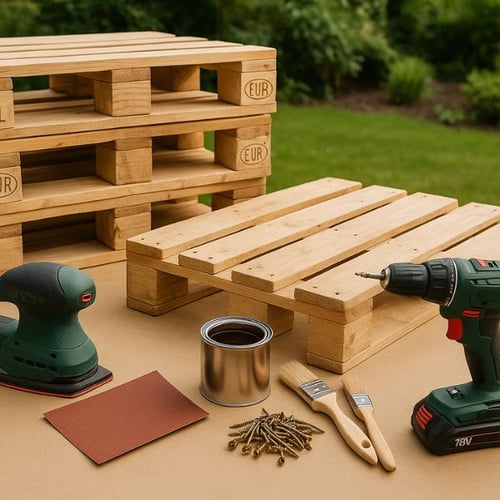 Materialien und Werkzeuge zur Herstellung von Palettenmöbeln im Garten bereitgestellt
