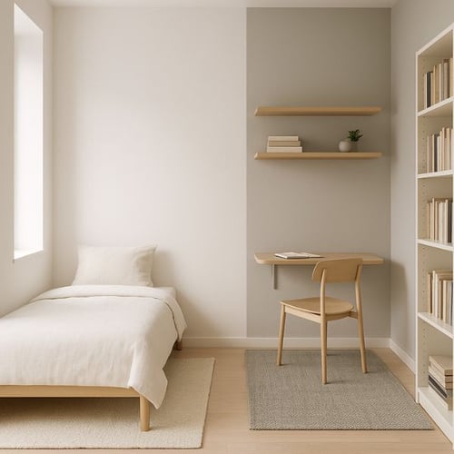 Schlichtes kleines Büro im Schlafzimmer mit Wandtisch und Regalen