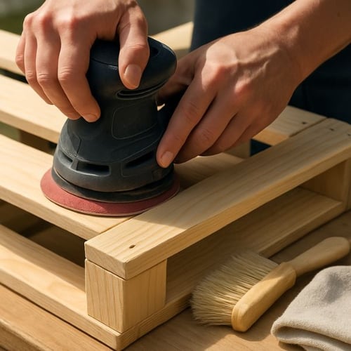 Nahaufnahme eines Schleifvorgangs an einer Holzpalette mit Schleifmaschine und Bürste