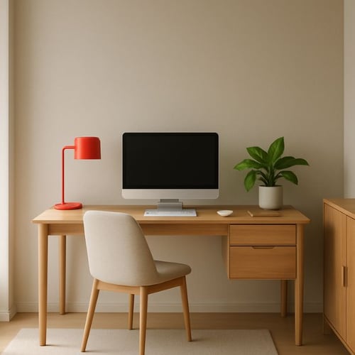 Graue Wandfarbe im Arbeitszimmer mit heller Einrichtung und Farbakzent