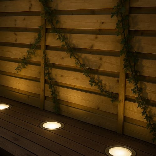 Integrierte Bodenleuchten an Holzwand mit Kletterpflanzen auf der Terrasse
