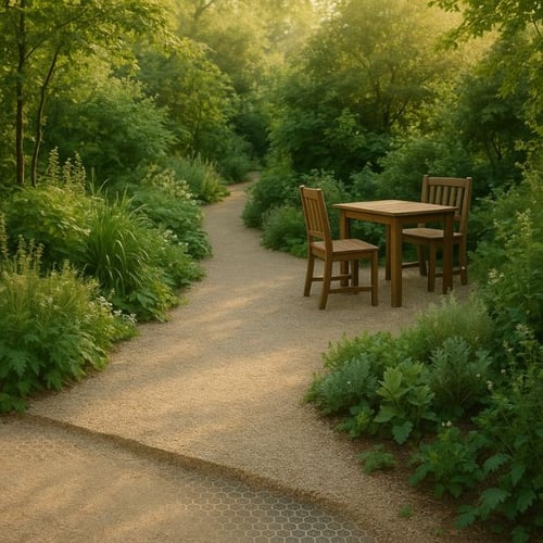 Gartenweg aus feinem Splitt mit Holztisch und zwei Stühlen im grünen Naturgarten