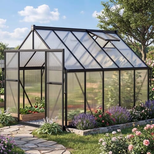 Modernes Gartenhaus Gewächshaus von di volio mit schwarzem Rahmen im Garten mit Blumenbeet