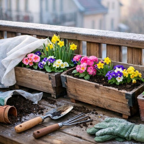 Balkon bepflanzen mit bunten Frühlingsblumen in Holz-Pflanzkästen auf dem Balkon