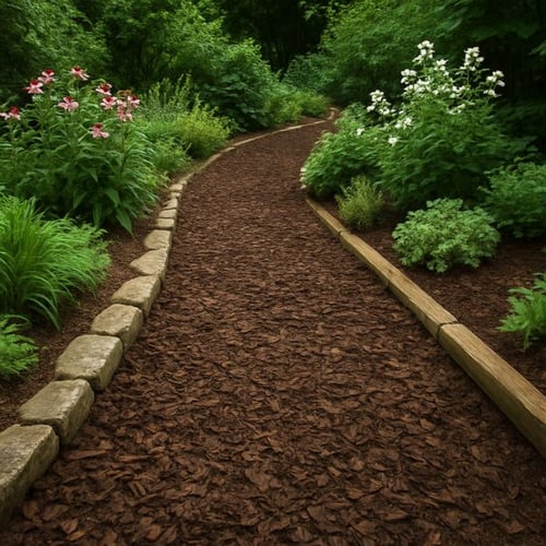Naturweg mit Rindenmulch und Begrenzung aus Steinen und Holz in blühendem Garten