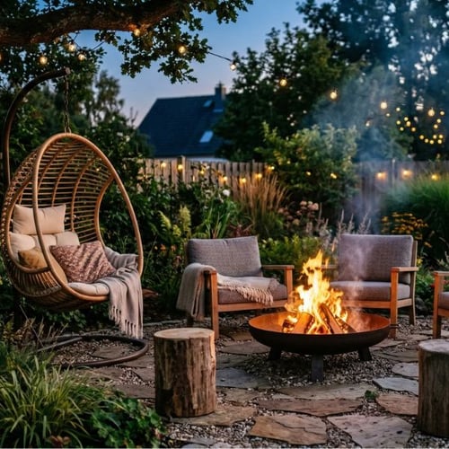Gemütliche Garten Sitzecke mit Feuerstelle und Hängesessel