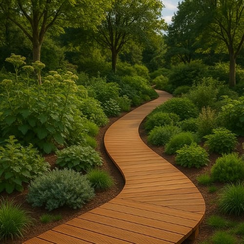 Holzsteg als geschwungener Gartenweg durch naturnahen, üppig bepflanzten Garten
