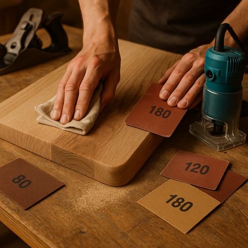 Hände schleifen eine Holzplatte mit Schleifpapier unterschiedlicher Körnung für ein DIY-Schreibtisch