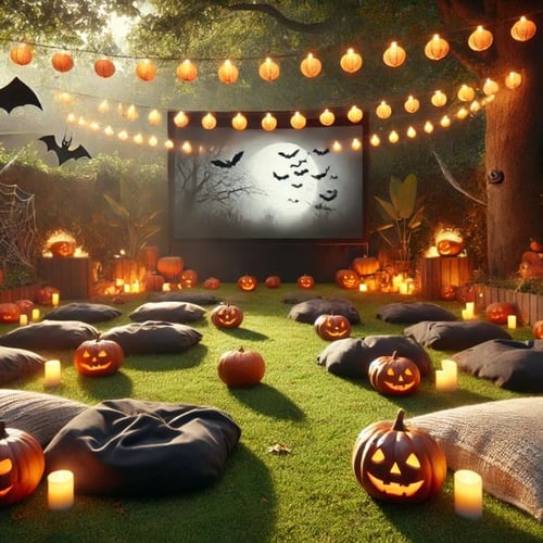 Outdoor-Kino mit Halloween-Thema, umgeben von Kürbislaternen und Lichterketten in Kürbisform. Auf dem Rasen sind Sitzkissen verteilt und eine Leinwand zeigt eine nächtliche Szene mit Fledermäusen.