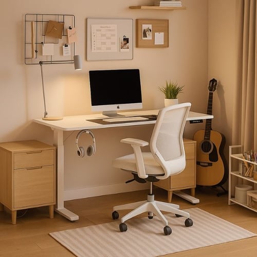 Helles Jugendzimmer mit Schreibtisch und weißem Drehstuhl für Mädchen