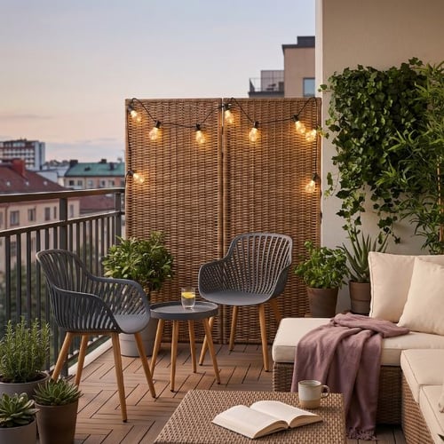 Balkon Sitzecke Ideen mit di volio Sesseln, Beistelltisch und gemütlicher Lounge auf modernem Balkon