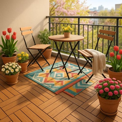 Balkon verschönern mit Blumen, Holzmöbeln und buntem Teppich