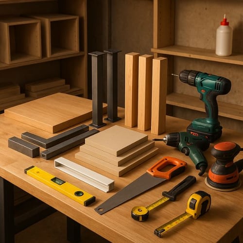 Materialien und Werkzeuge für DIY Eckschreibtisch selber bauen