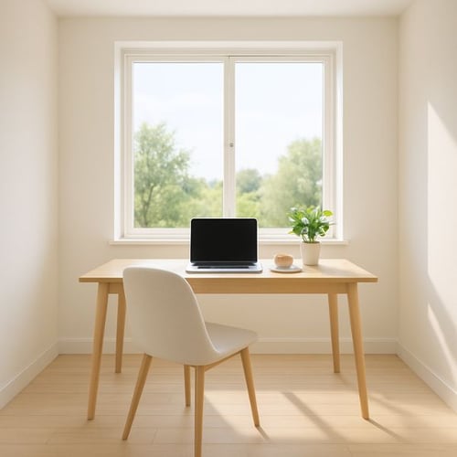 Minimalistischer Schreibtisch aus Holz mit Laptop vor hellem Fenster