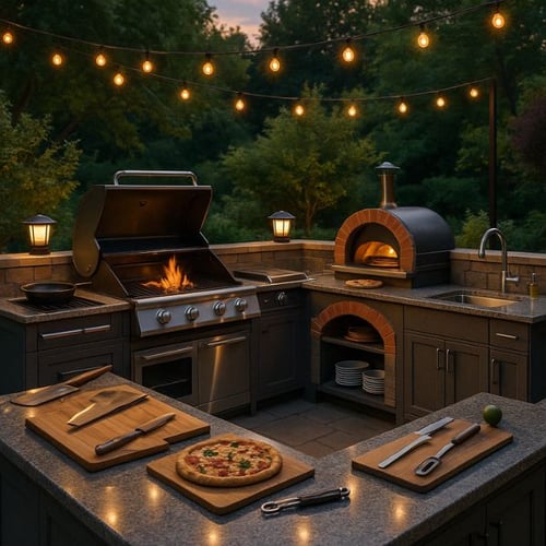 Große Outdoor-Küche bei Dämmerung mit Grill, Pizzaofen und Arbeitsplatten aus Stein