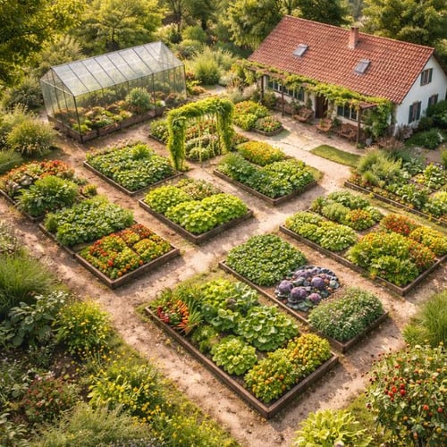 Selbstversorger Garten mit Hochbeeten und Gewächshaus