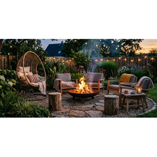 Wie kann man eine gemütliche Garten Sitzecke mit Feuerstelle gestalten?