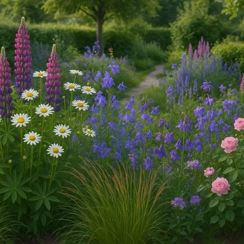 Blumenreicher Gartenweg mit Wildblumen im skandinavischen Stil