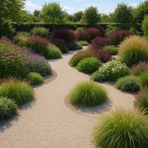 Gartenweg aus Kies mit üppigen Stauden und Ziergräsern als Inspiration für einen Garten ohne Rasen