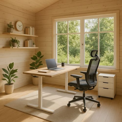 Moderner Arbeitsplatz mit höhenverstellbarem Schreibtisch im Gartenbüro
