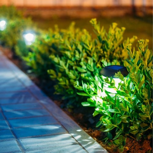 Gartenweg mit solarbetriebenen LED-Leuchten und grünen Hecken