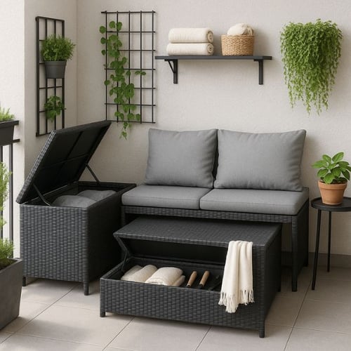 Schwarzes Rattan-Sofa mit Aufbewahrungsboxen und Kissen auf kleinem Balkon